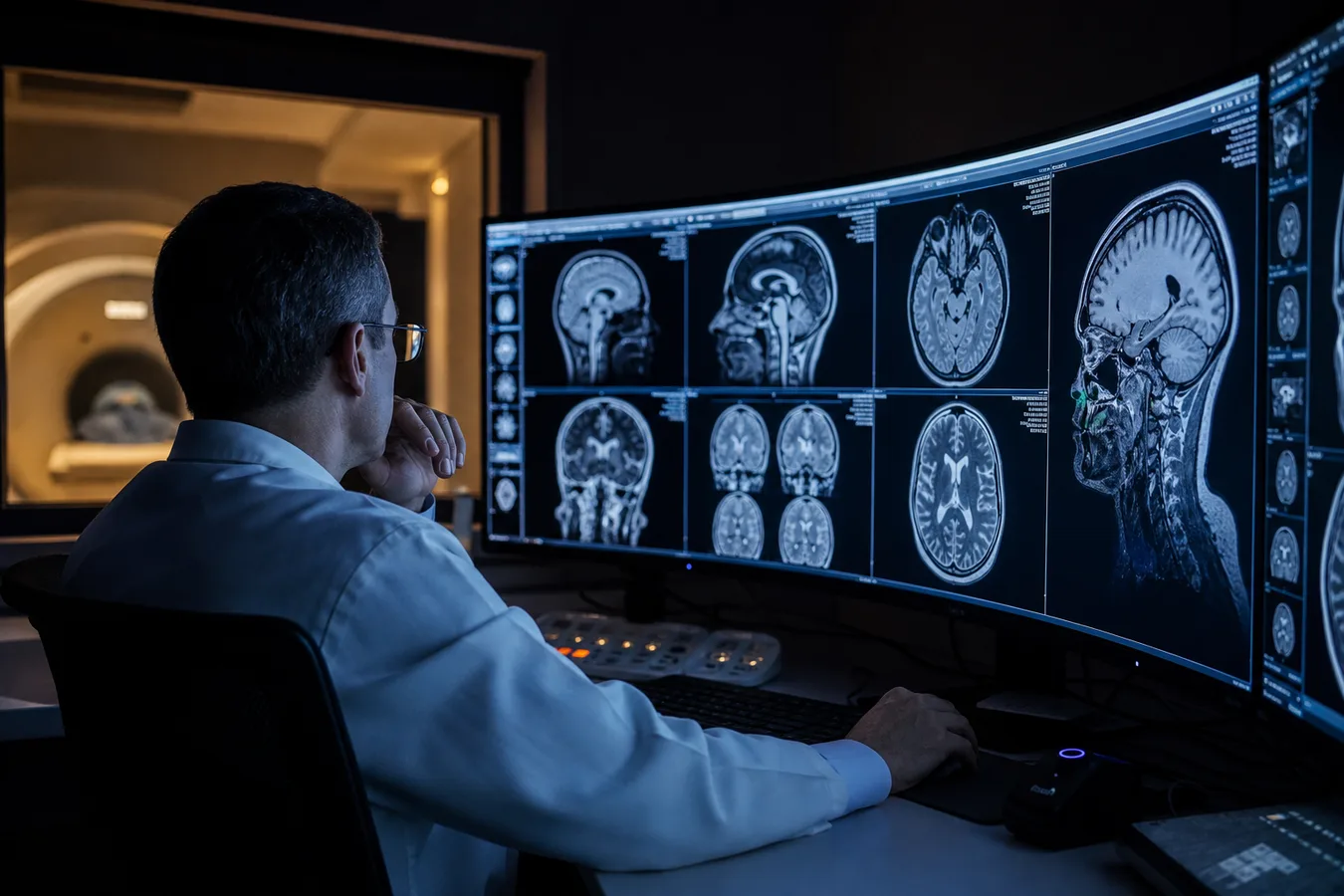 Radiologist reviewing brain MRI images at a multi-monitor reading workstation