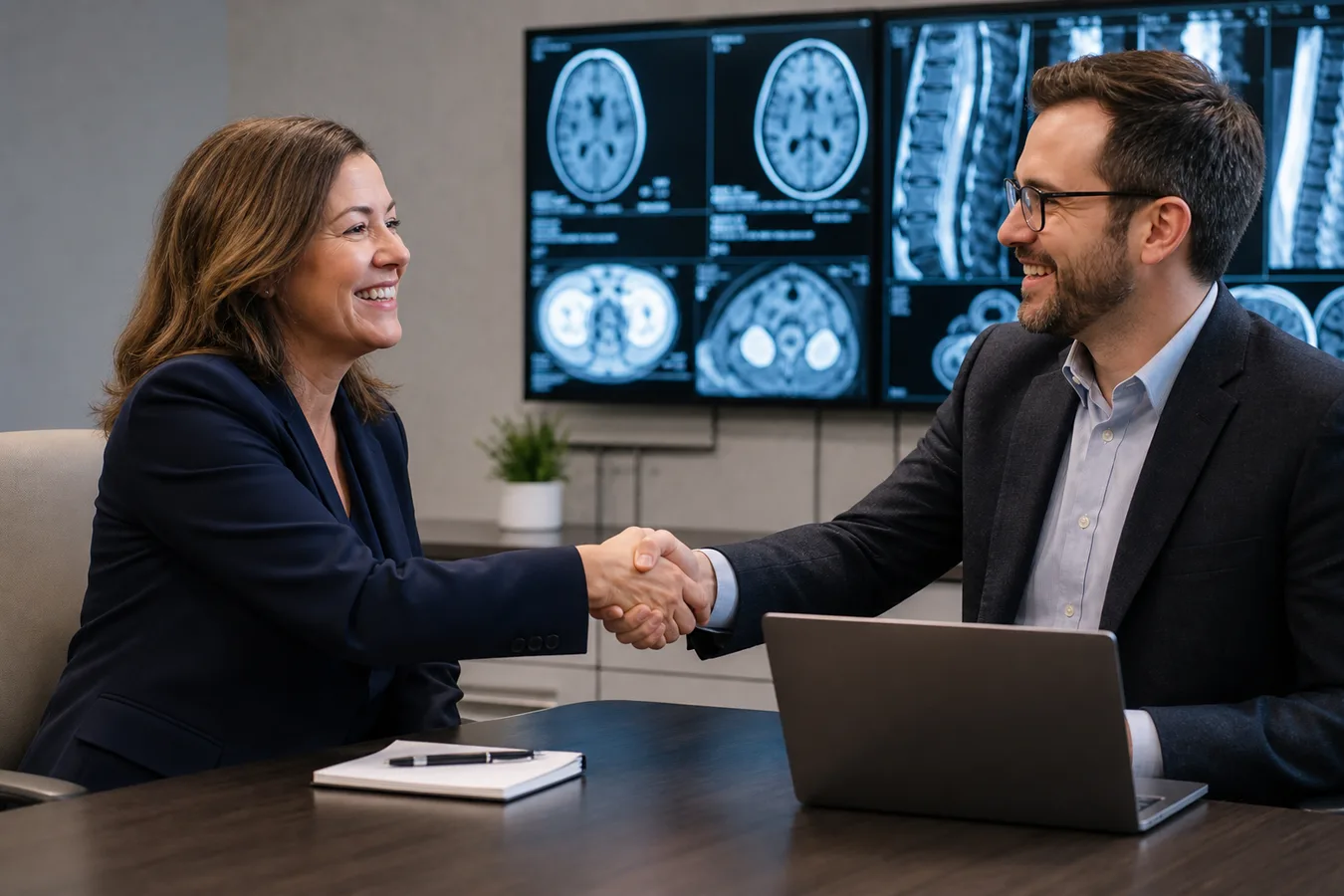 Two professionals shaking hands in a meeting room with imaging studies on screen