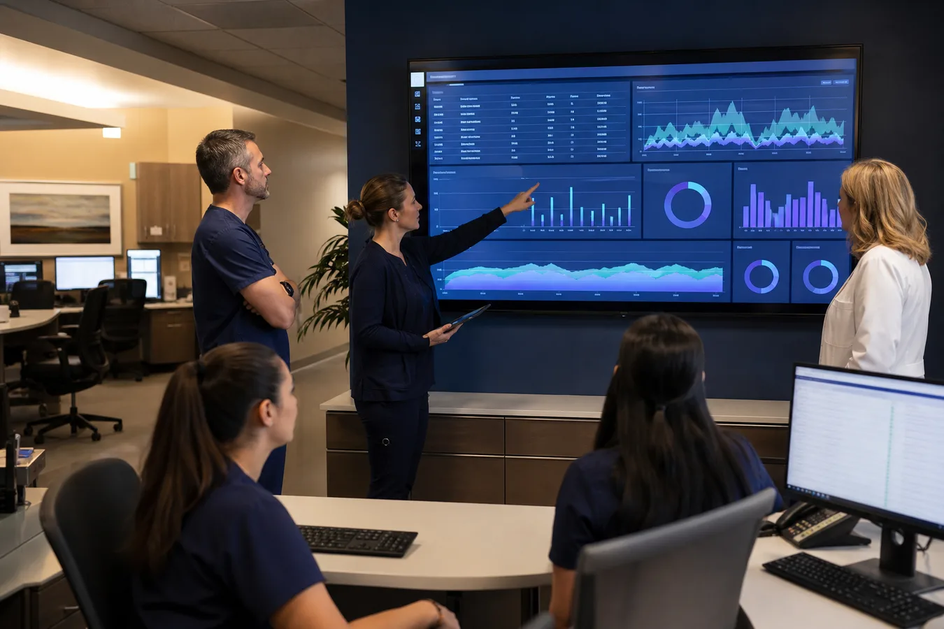 Healthcare team collaborating in a modern facility