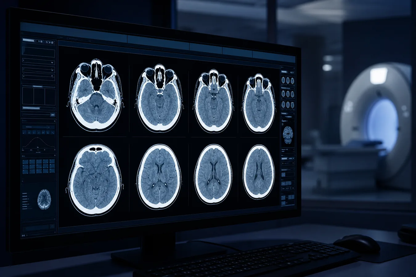 CT scan on a monitor with turnaround-time metrics in a reading room