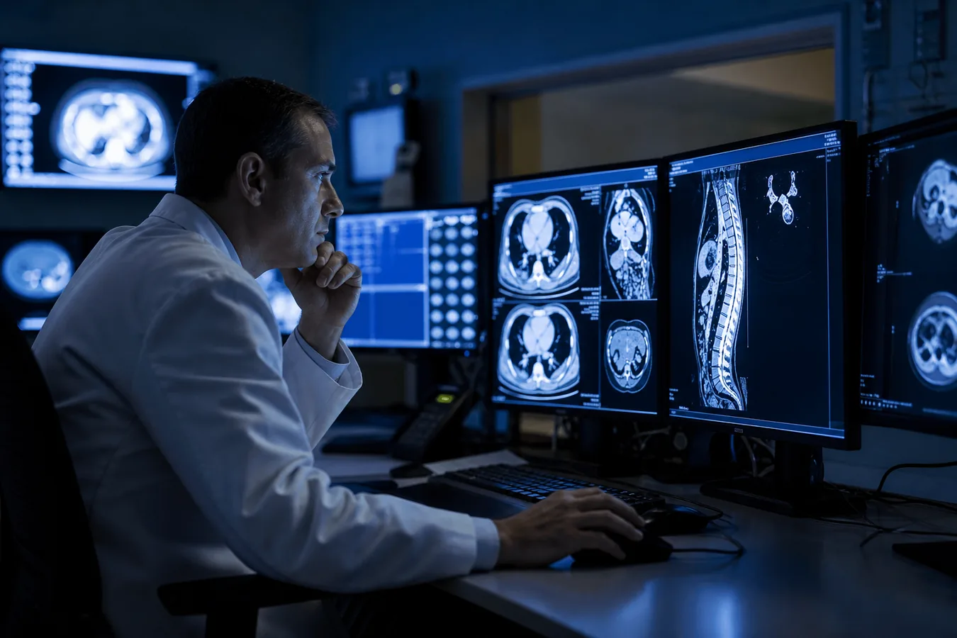 Radiologist reviewing studies at a PACS workstation in a U.S. reading room